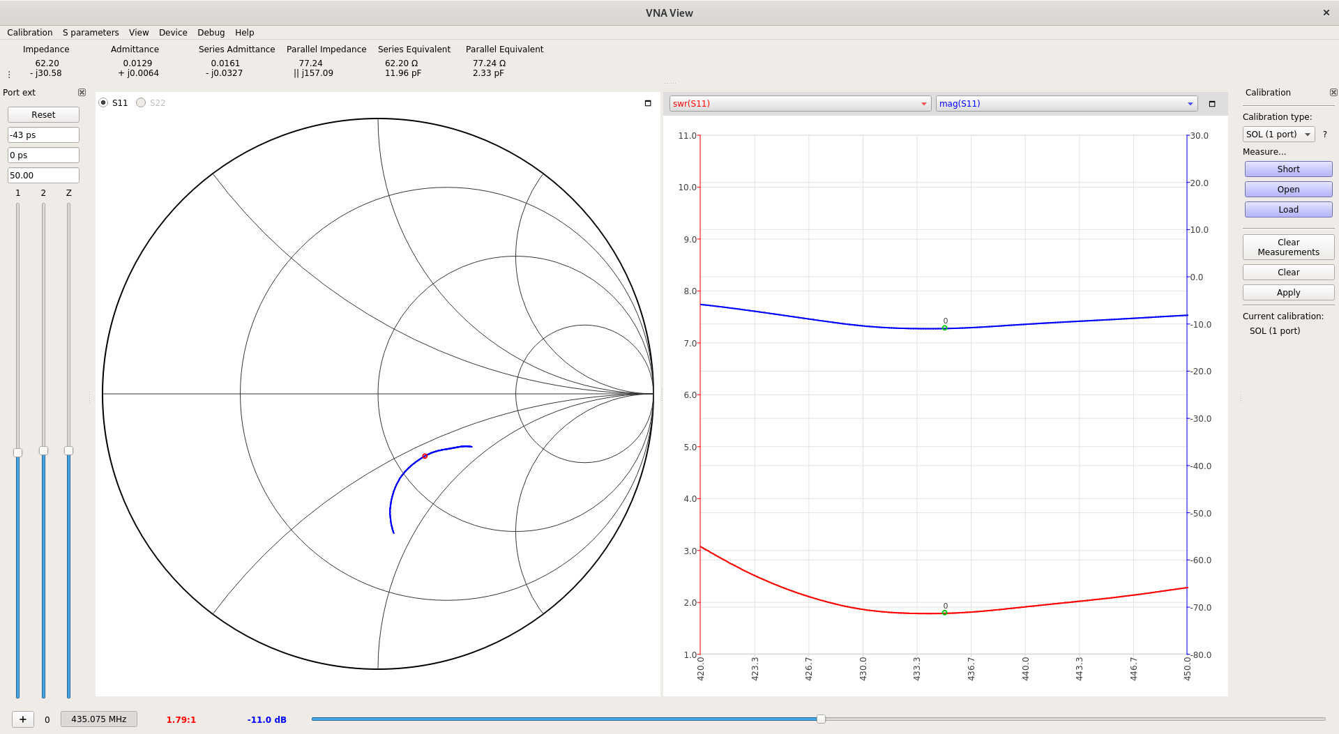 NanoVNA-QT showing the slightly better performance of the same rubber duck antenna on the 70 cm band