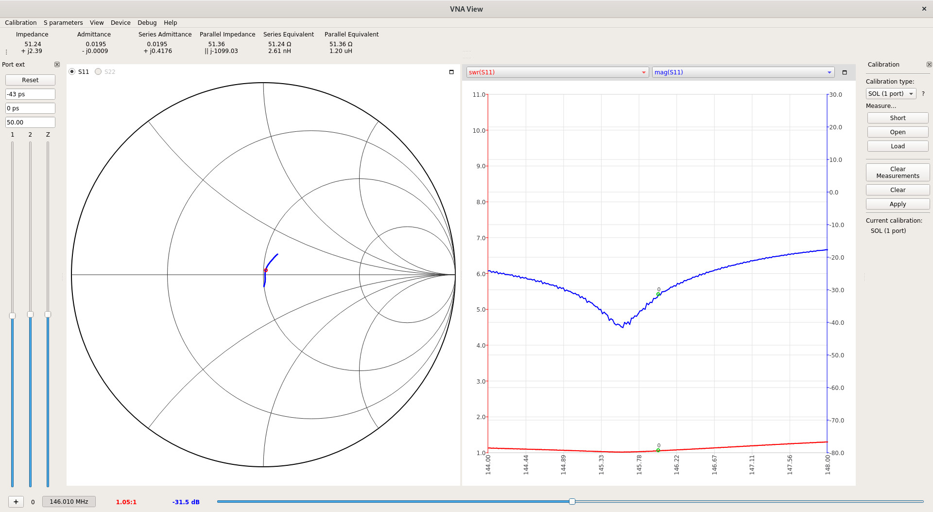 Screenshot of the NanoVNA-QT utility that integrates with the nanoVNA showing the good performance of my antenna after tuning