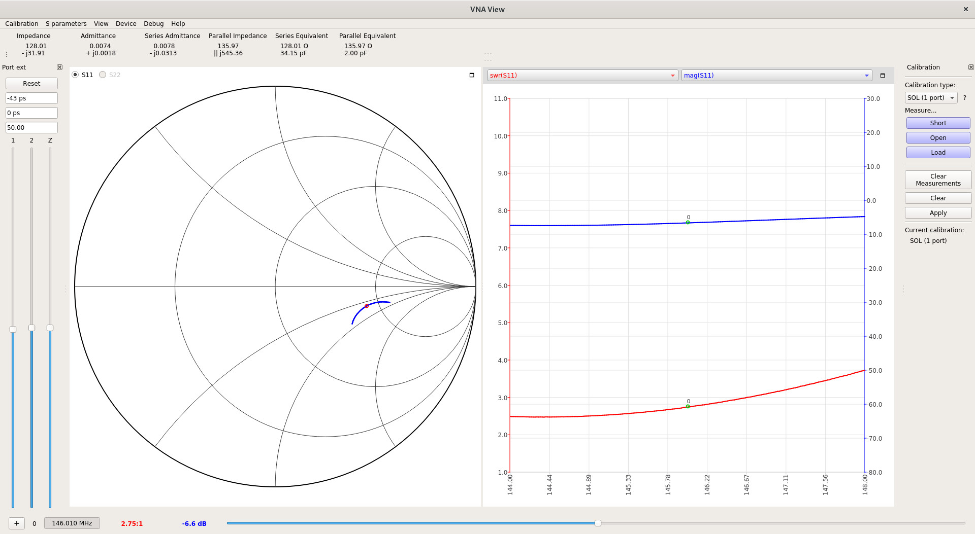 NanoVNA-QT showing the relatively poor performance of the rubber duck antenna that came with my radio on the two-meter band