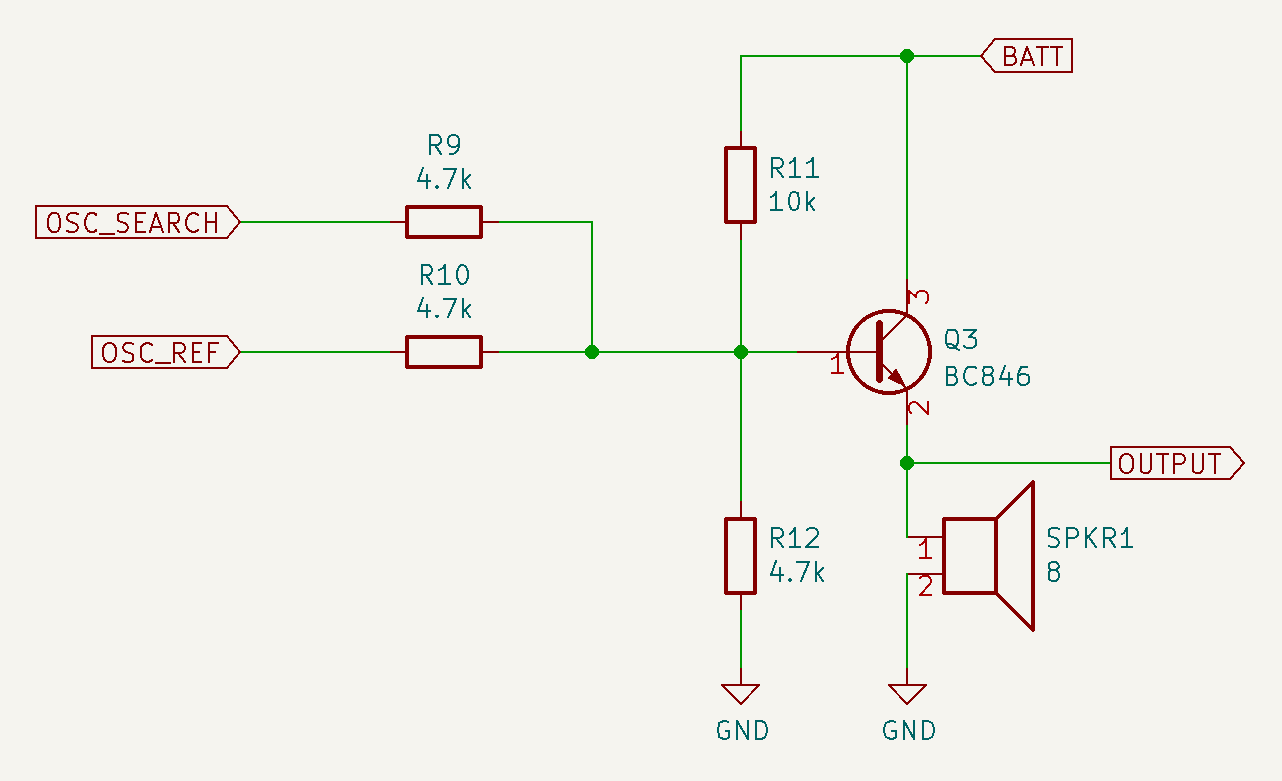 Schematic of the mixer and amplifier circuit. The outputs of the two oscillators feed into a single transistor with a speaker connected to the emitter.