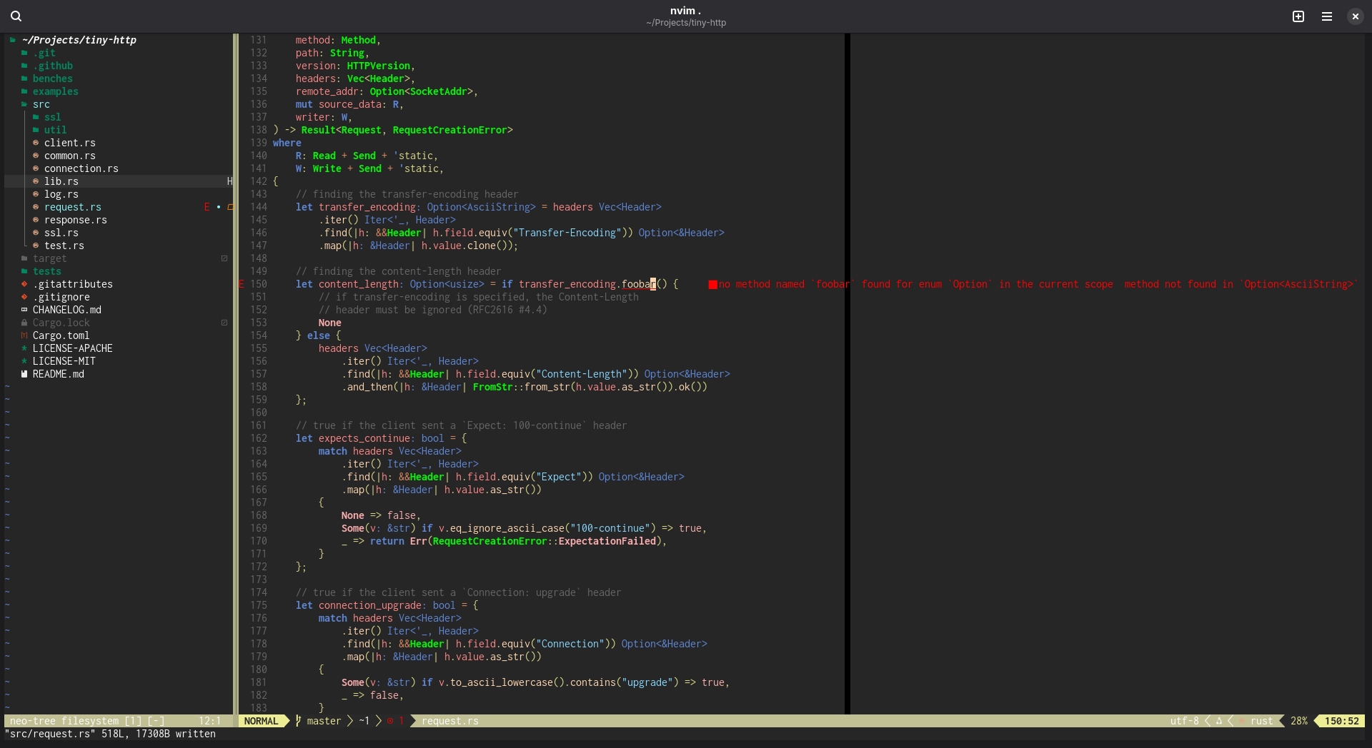 Neovim screenshot with the neo-tree and lualine plugins in
use. A Rust project is open and an LSP error is visible in one of the buffers