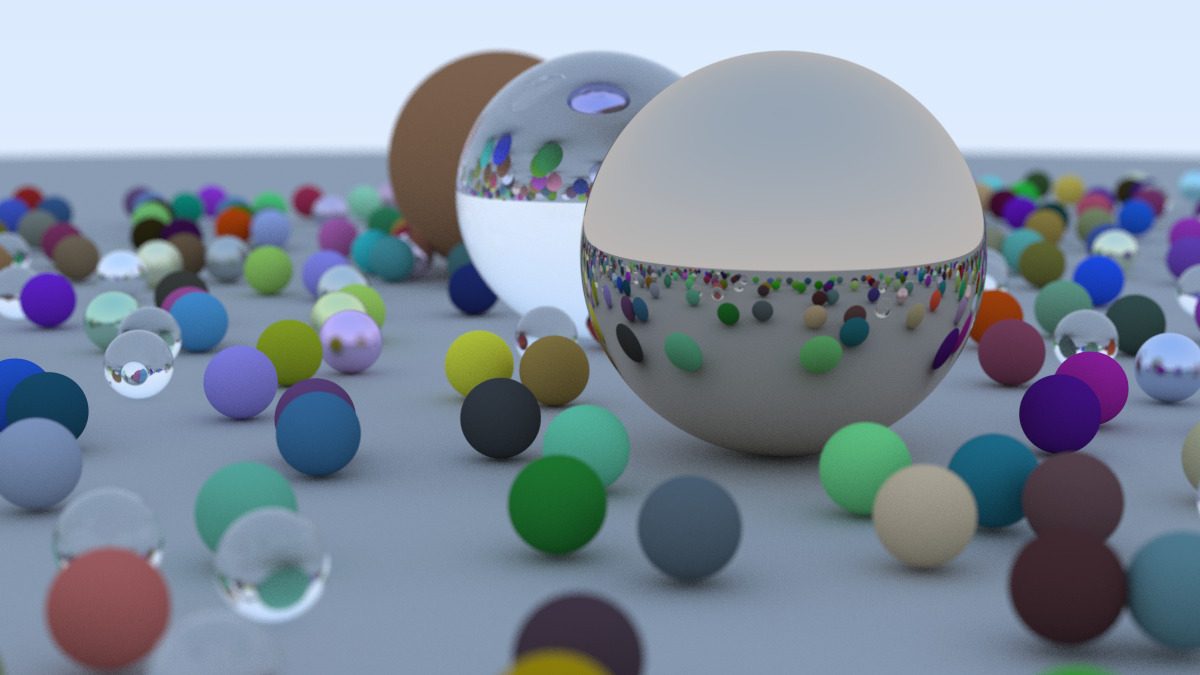 A few dozen spheres on a gray surface with a white sky. Many smaller spheres surround a trio of three larger ones. The spheres are random solid colors, and most are either matte or metallic, with a few glass ones mixed in. There is a clear depth of field in effect.
