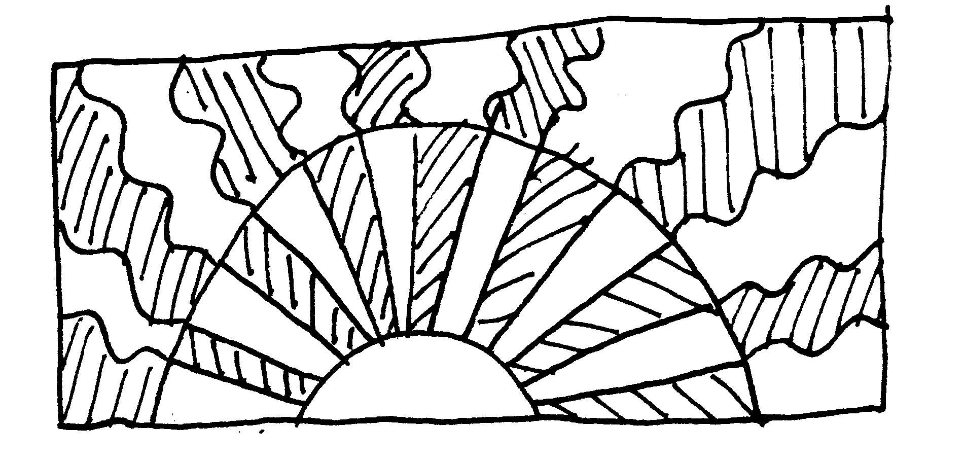 Black pen on white paper sketch of a sunrise, with the spaces between the rays shaded in