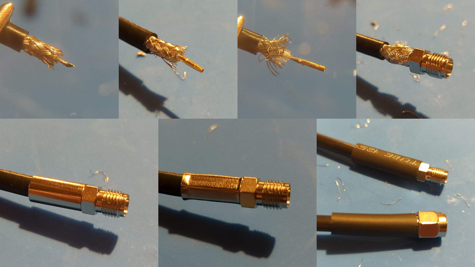 A series of seven images showing the progression from a stripped RG-58 cable end to an SMA-connectorized cable