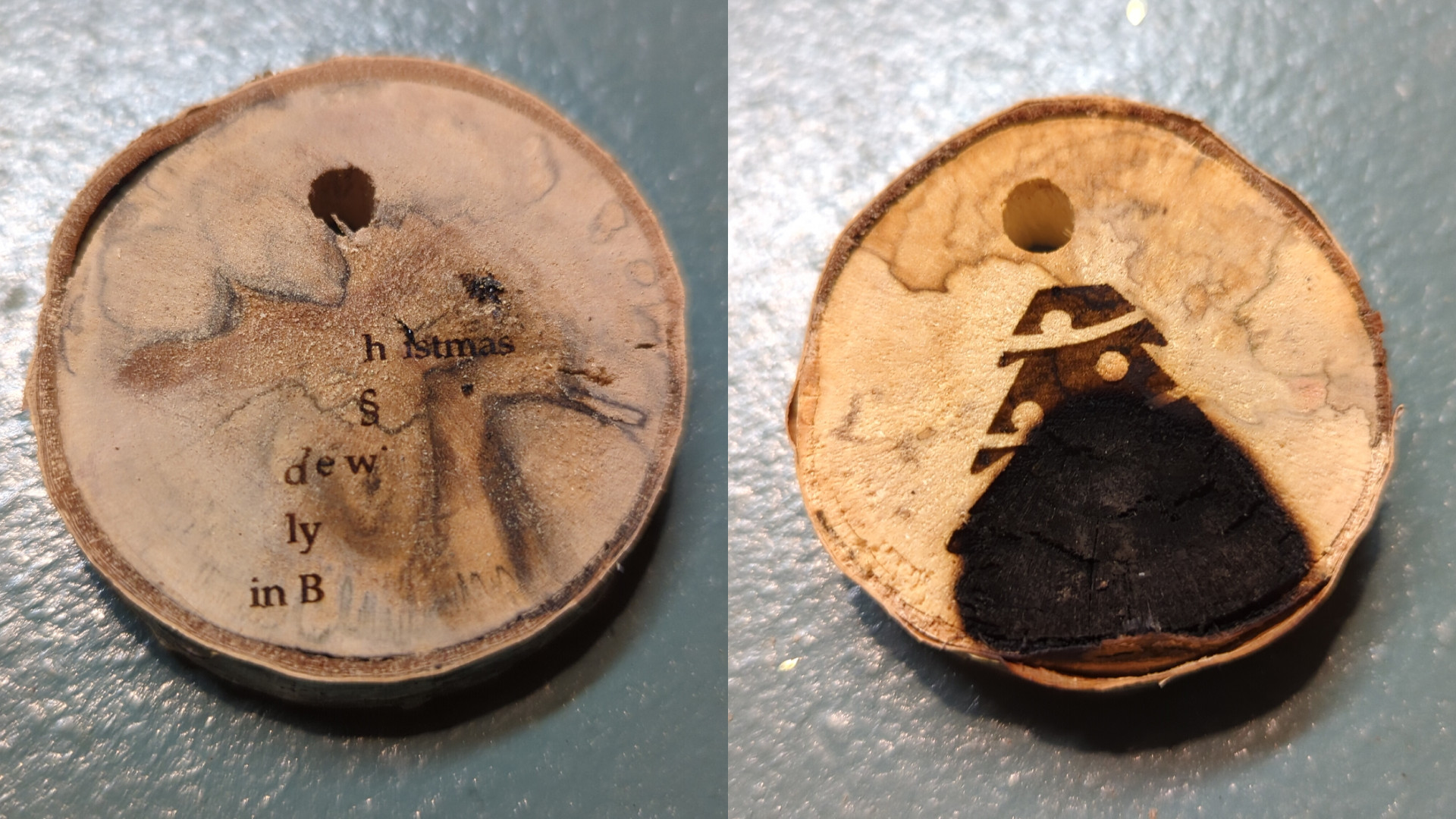 Left: An incomplete etch that failed because the laser tip collided with the puck; Right: A puck that burned slightly and left a large black hole across part of the puck’s face