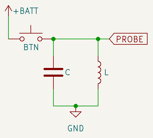 Circuit diagram showing an inductor and capacitor in parallel, forming a tank circuit. The tank circuit is connected to ground on one side and +BATT on the other through a momentary push button.