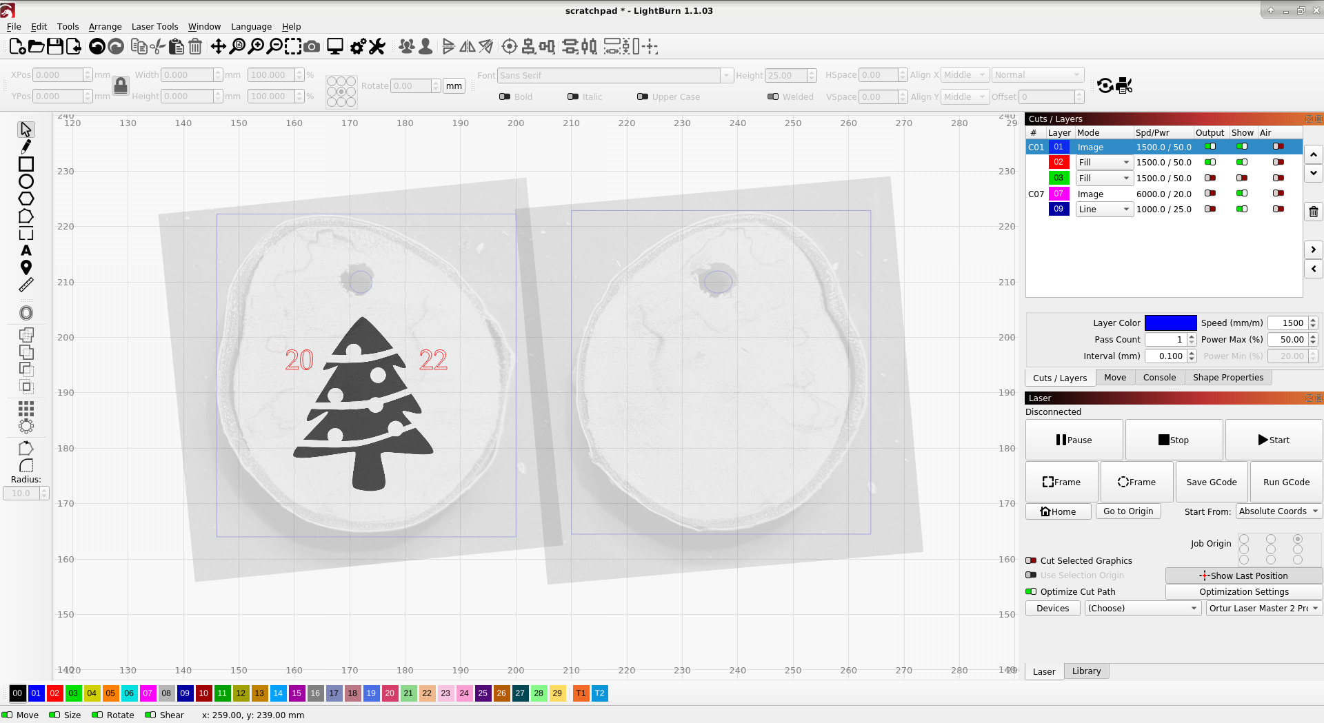 LightBurn with guide images and a Christmas design
